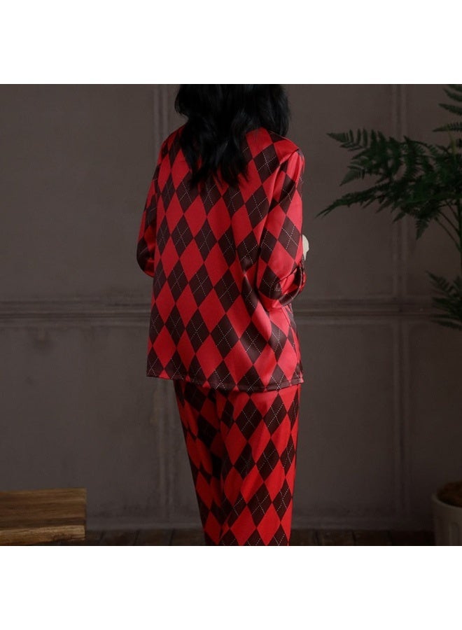 Unisex Satin Pajama Set for Men & Women, Matching Couple Sleepwear, Long Sleeve Button-Down Shirt & Pants, Silky Soft Nightwear, Red Diamond Print -MG11 - Image 4